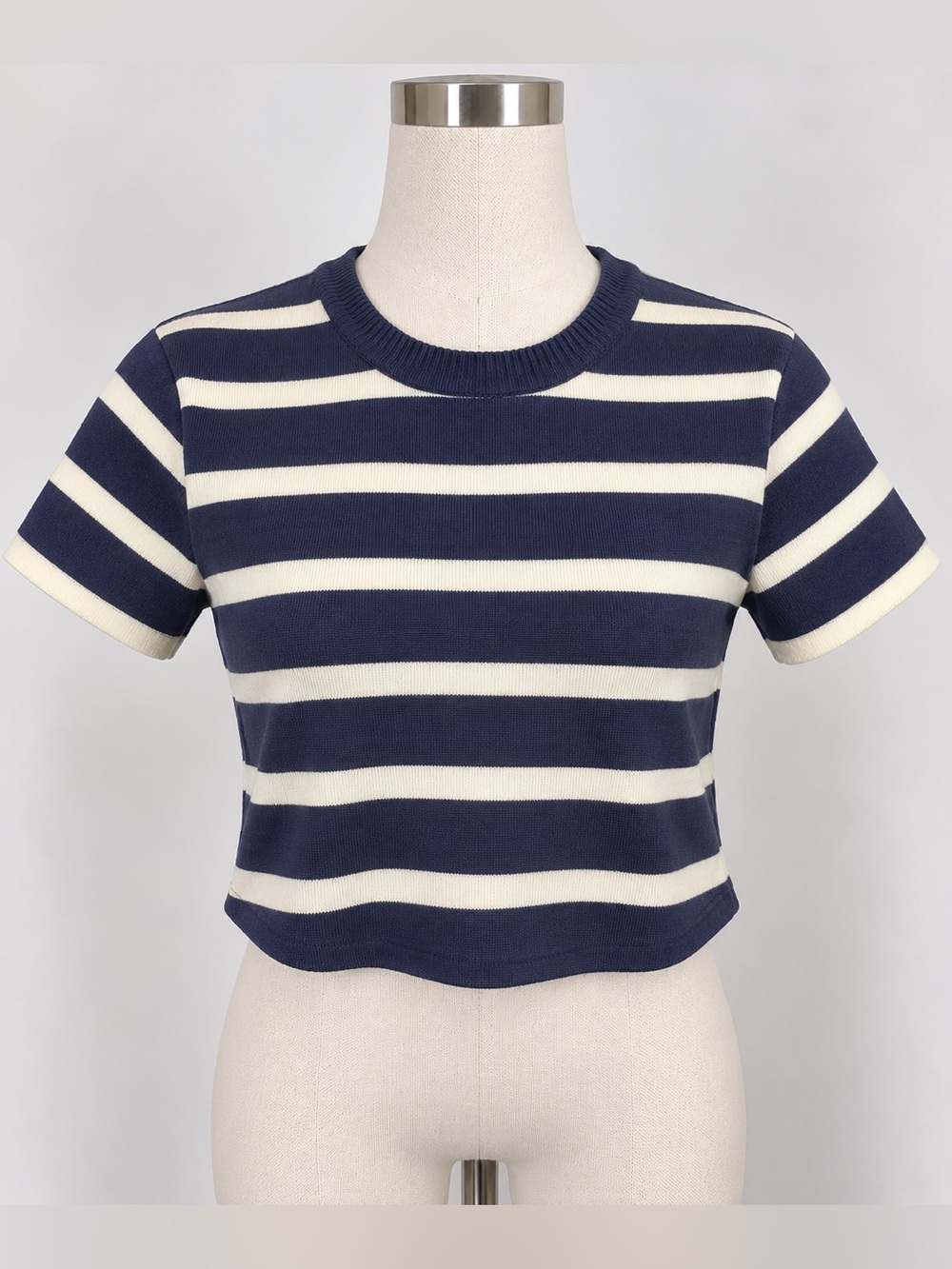 Super Soft Navy & Cream Striped Knit Sweater Slightly Cropped Top size small